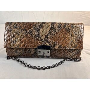 Poppie Jones Brown Snakeskin Print Clutch Bag Gunmetal Chain Strap Push Lock
